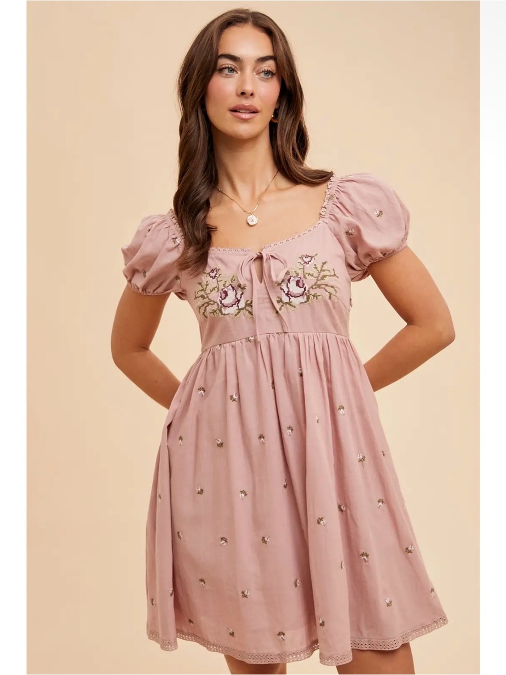 In Bloom Dusty Pink Floral Embroidered Peasant Dress